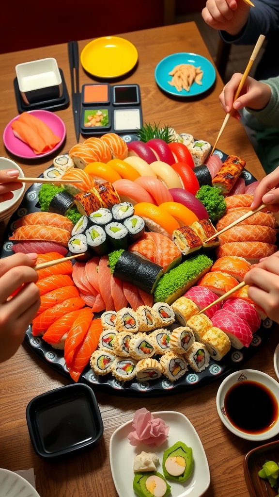 A sushi mukbang with an assortment of sushi rolls, sashimi, and nigiri, surrounded by friends at a dining table.